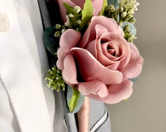 Dusty Rose Wedding Boutonniere: Eucalyptus & Double Rose