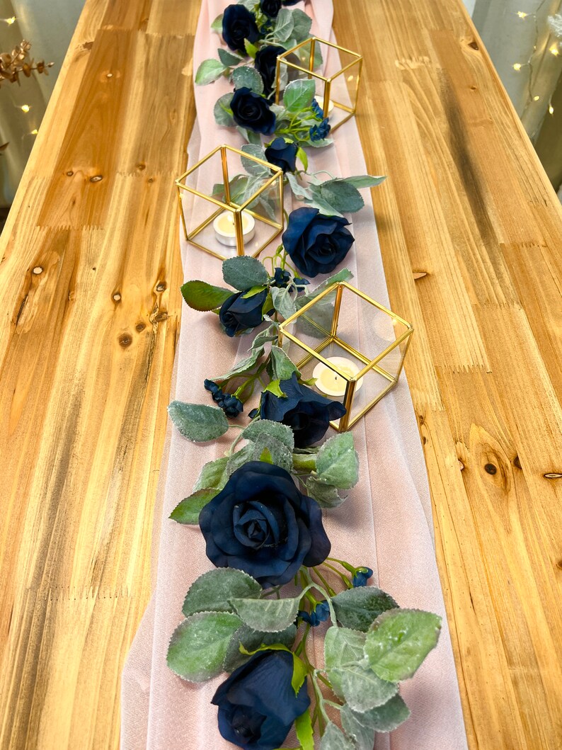 Navy Blue Flower Garland with Silver Sage Leaves Rose Wedding Garland Wedding Arch Garland Decor Artificial Flowers & Greenery Garland image 5