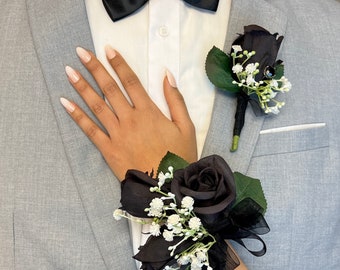 Black Prom Corsage and Boutonniere Set| Handheld Bouquets for Prom | Quinceanera Bouquet | Flower Girl Bouquet | Prom Flower Bouquet