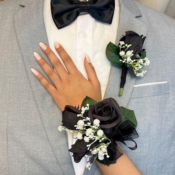 Black Prom Corsage and Boutonniere Set| Handheld Bouquets for Prom | Quinceanera Bouquet | Flower Girl Bouquet | Prom Flower Bouquet