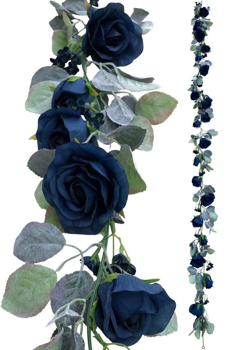 Navy Blue Flower Garland with Silver Sage Leaves Rose | Etsy