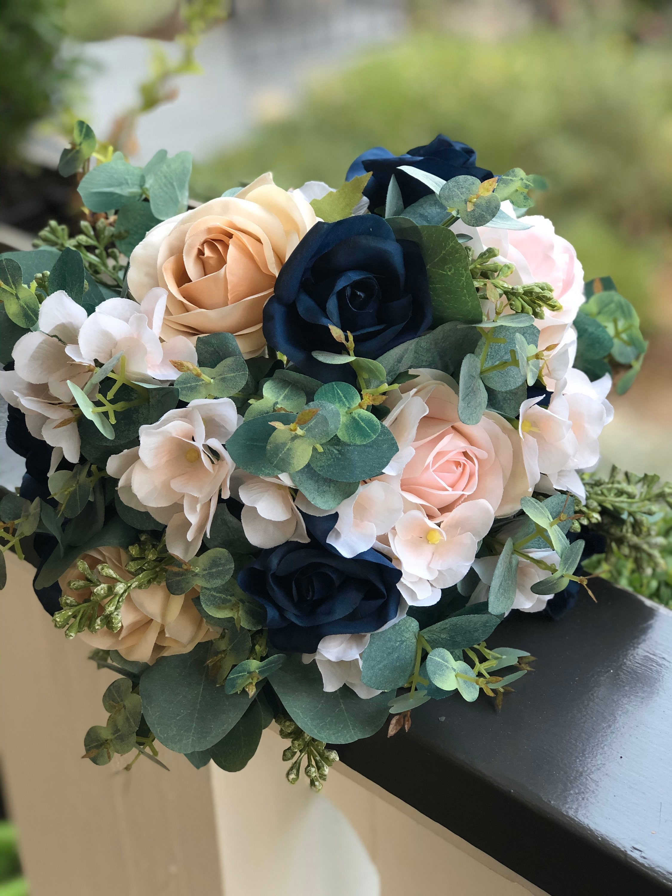 Wedding Bouquet Bridal Bouquet Navy & Blush Flowers Sage Etsy