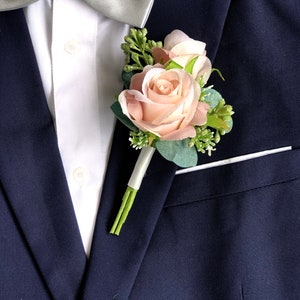 Pink Champagne Double Rose Eucalyptus Boutonniere Wedding Boutonniere for Men pink champagne image 2