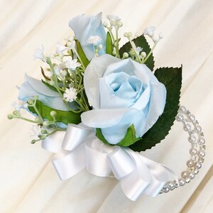 Light Blue Rose Wedding Corsage with Babies Breath