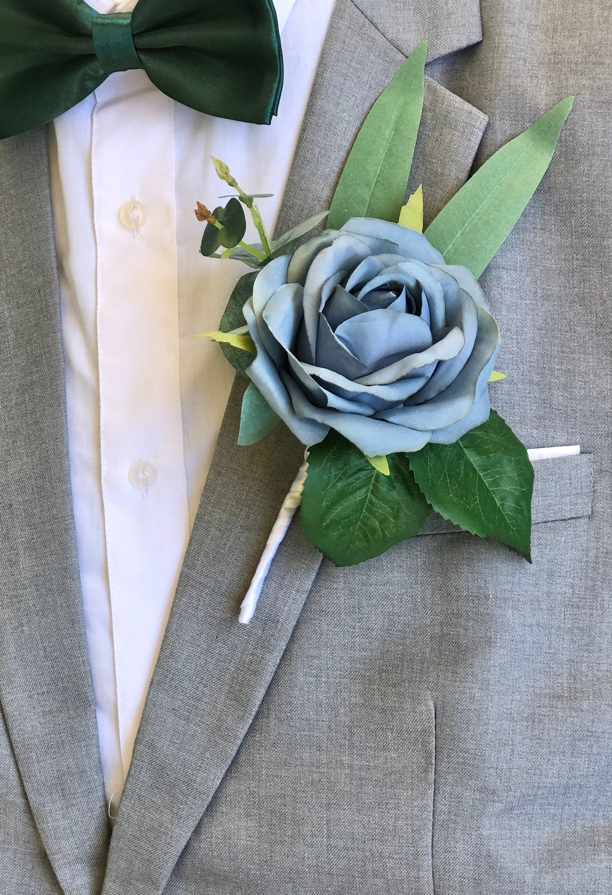 DUSTY BLUE Single Open Rose Eucalyptus Boutonniere | Wedding