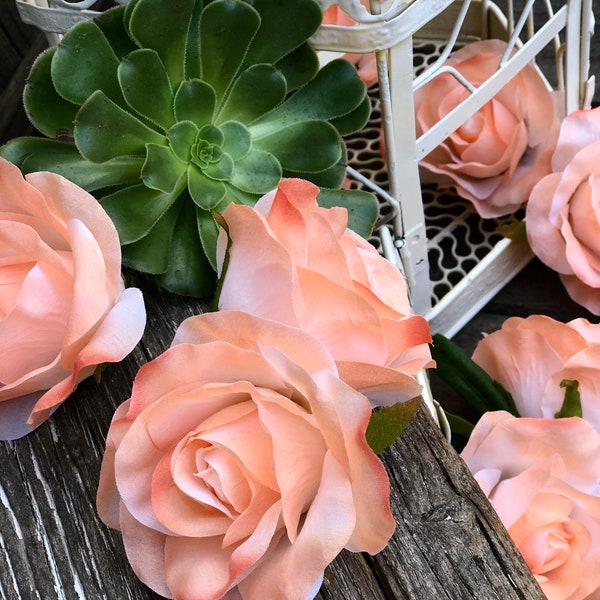 10 Peach Rose Heads Silk Flower Wedding/Reception Table Decorations Bulk Silk Flowers