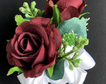 Burgundy Double Rose Corsage with Eucalyptus