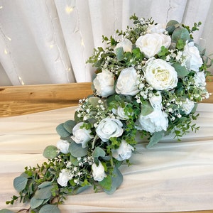 White Cascading Bridal Bouquet + Babies Breath + Eucalyptus | White Wedding Bouquet with Roses & Peonies