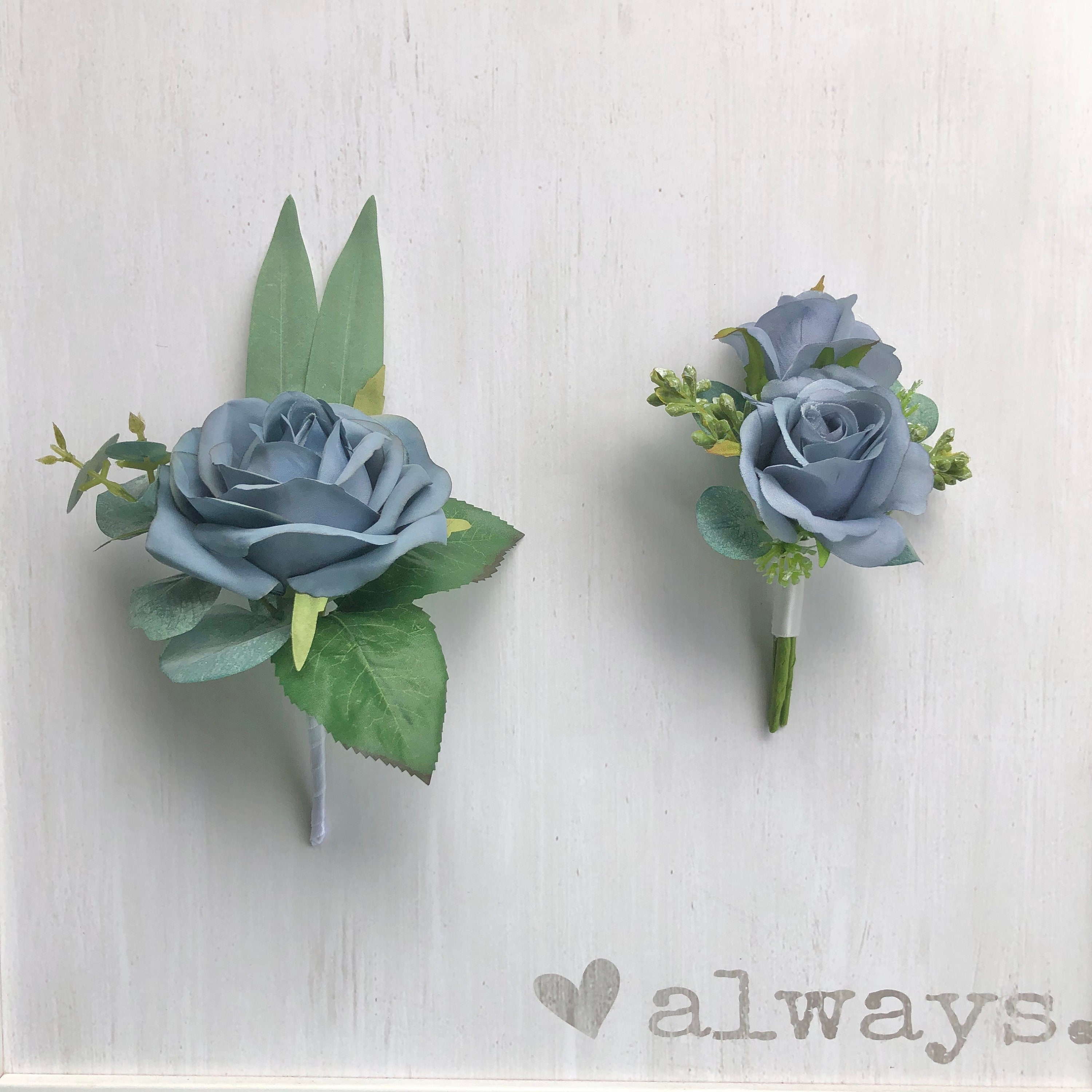 DUSTY BLUE Double Rose Eucalyptus Boutonniere Wedding - Etsy