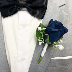 Navy Blue Rose+ Babies Breath Boutonniere for Wedding | Groom Boutonniere