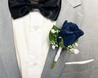 Navy Blue Rose+ Babies Breath Boutonniere for Wedding | Groom Boutonniere