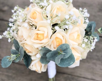 Buttercream Silk Rose Bridal Wedding Bouquet | 2 dozen roses + babies breath + eucalyptus