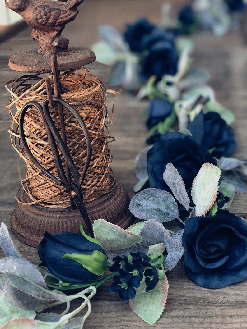 Navy Blue Flower Garland with Silver Sage Leaves Rose Wedding Garland Wedding Arch Garland Decor Artificial Flowers & Greenery Garland image 6