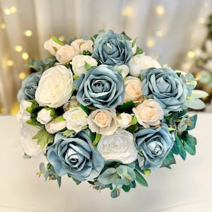 DUSTY BLUE Beach Wedding Bouquet Set | Dusty Blue Bridal Bouquet | Stunning Artificial Flowers and Eucalyptus Bouquet (large)