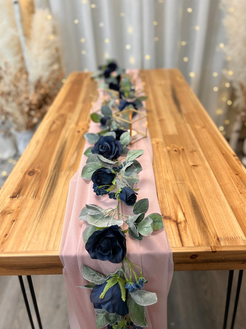 Navy Blue Flower Garland with Silver Sage Leaves Rose Wedding Garland Wedding Arch Garland Decor Artificial Flowers & Greenery Garland image 4