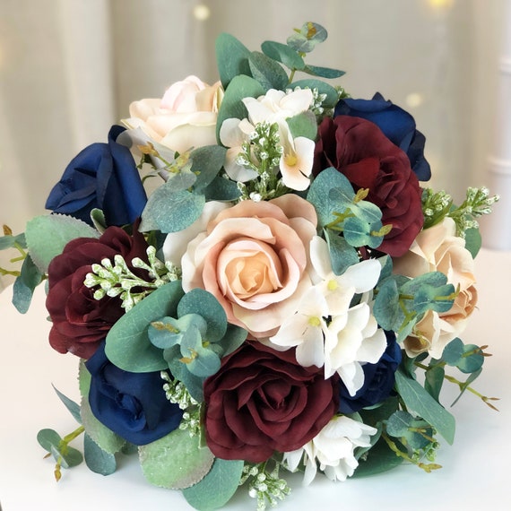 Navy Burgundy Wedding Bouquet: Champagne Roses Eucalyptus