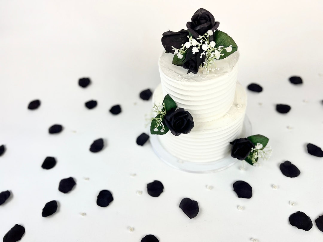 Set of 3 Midnight Black Rose Wedding Cake Flowers Matching Rose Petals