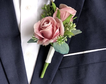 Wedding Boutonniere for Men | Dusty Rose Eucalyptus Double Rose Boutonniere (Dusty Rose)