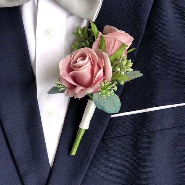 Wedding Boutonniere for Men | Dusty Rose Eucalyptus Double Rose Boutonniere (Dusty Rose)