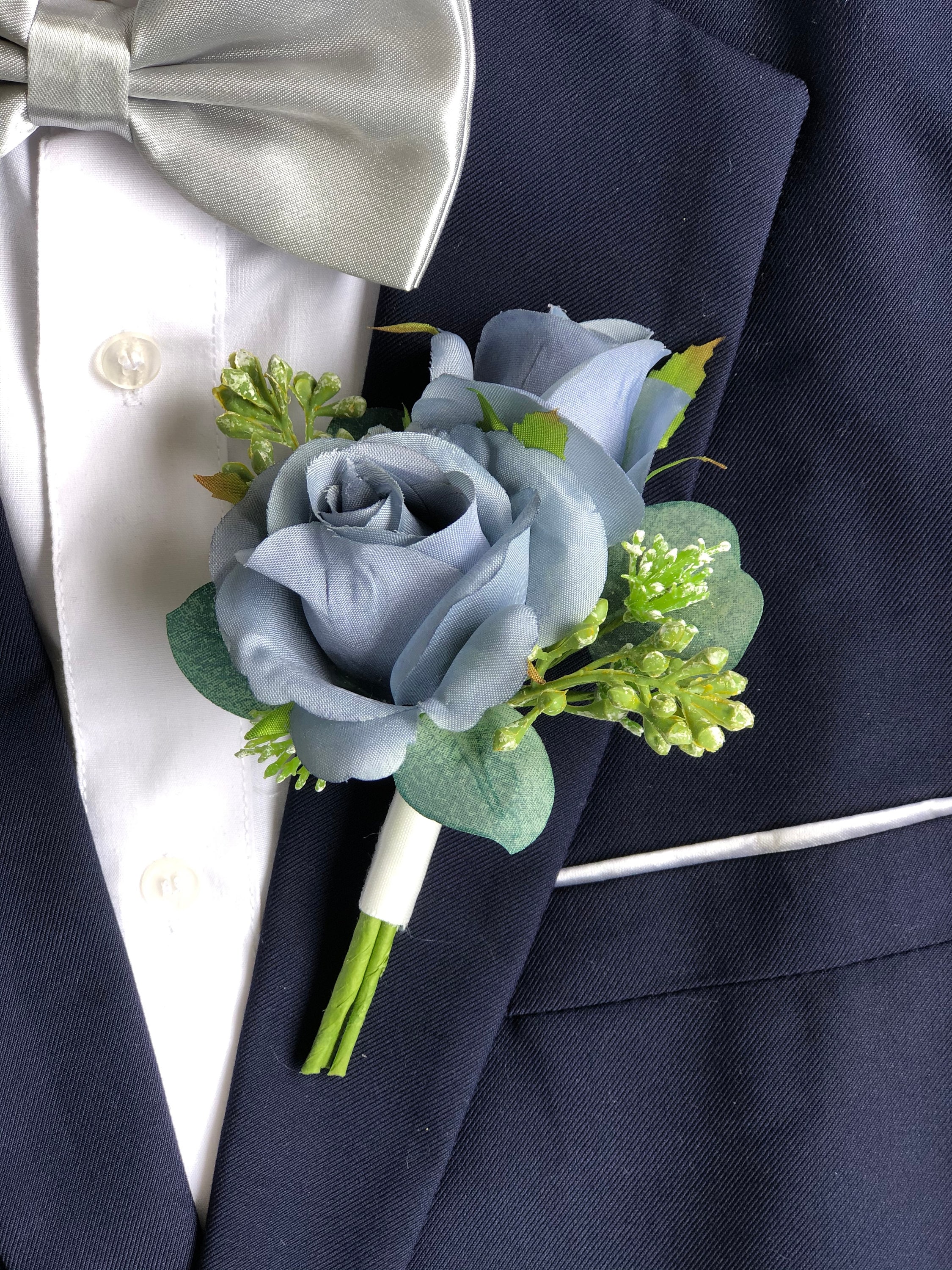 DUSTY BLUE Double Rose Eucalyptus Boutonniere Wedding - Etsy
