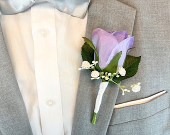 Lavender Rose Boutonniere with Babies Breath | Groom Wedding Boutonniere