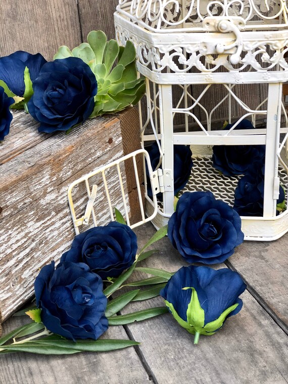 50 Navy Blue Rose Heads Silk Flower Wedding Reception Table Etsy