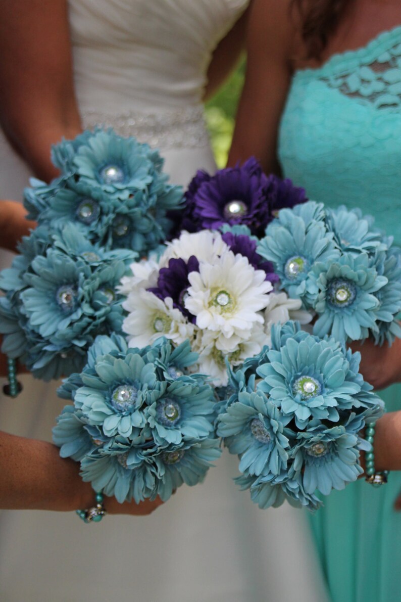Aqua Blue Daisy Bouquet Artificial Silk Bridal Wedding Etsy