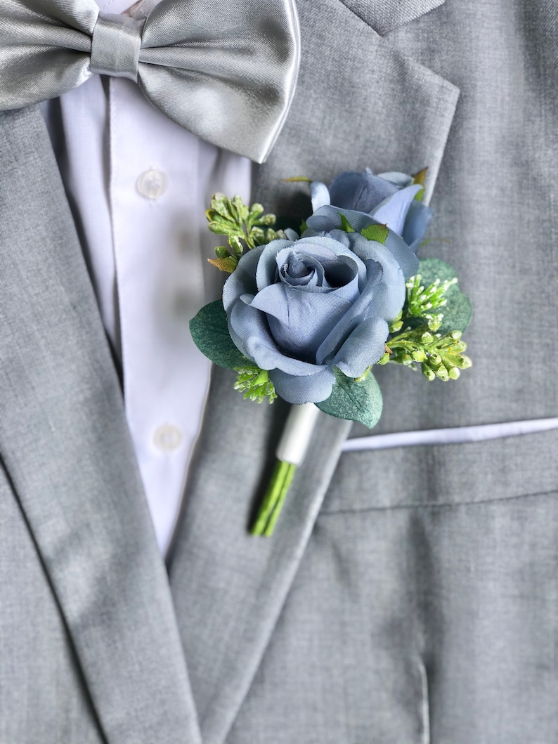 DUSTY BLUE Double Rose Eucalyptus Boutonniere Wedding image 1