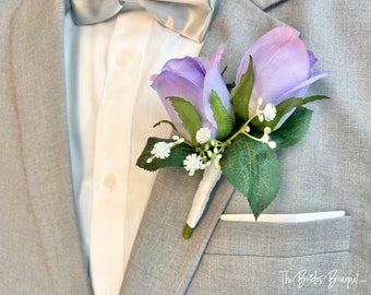 Lavender Rose Double Boutonniere with Babies Breath | Groom Boutonniere