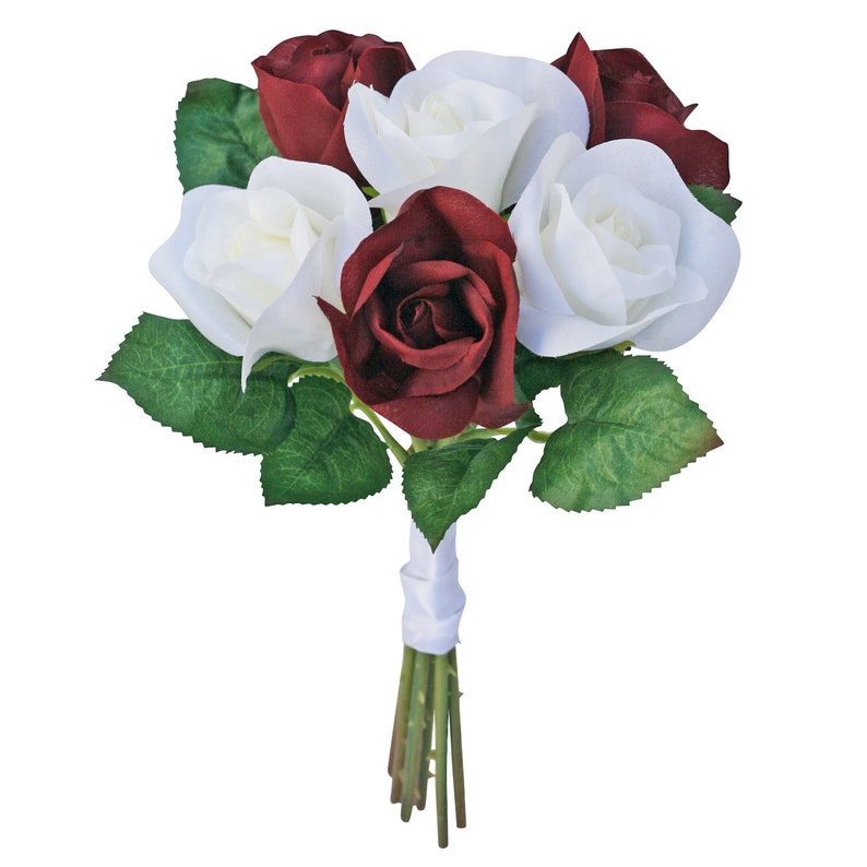 Burgundy & Ivory Garden Stem Rose Silk Flower Bridal Bouquet Etsy