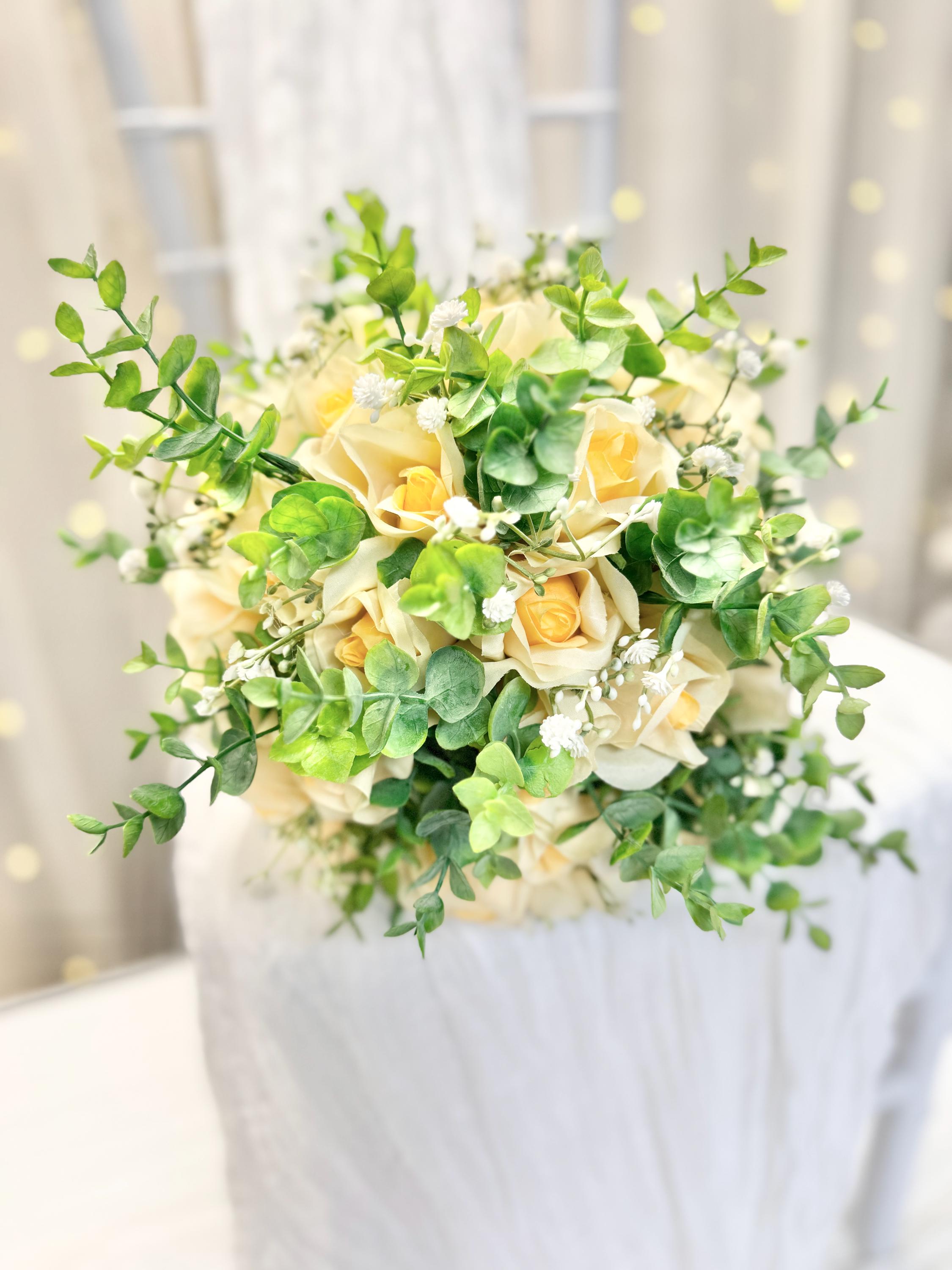 Yellow Bridal Bouquet | Roses + Babies Breath + Eucalyptus (large