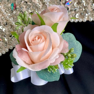 Corsages for Wedding | Pink Champagne Double Rose with Eucalyptus
