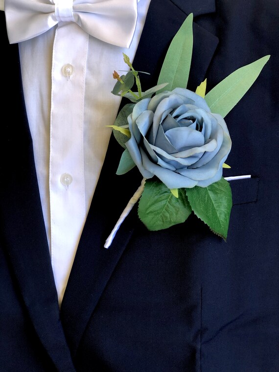 DUSTY BLUE Single Open Rose Eucalyptus Boutonniere | Wedding