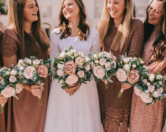 Champagne Blush Rose Eucalyptus Wedding Bouquet | Bridesmaid Bouquets (medium rose + eucalyptus)