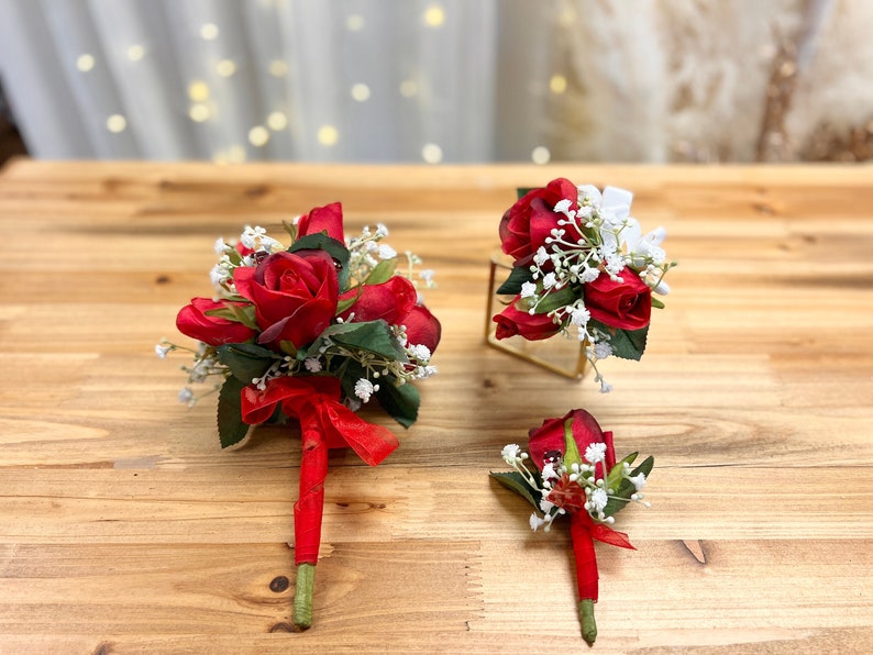 Red Prom Corsage and Boutonniere Set Handheld Bouquets for Prom Quinceanera Bouquet Flower Girl Bouquet Prom Flower Bouquet image 3