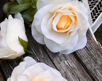 10 Buttercream Rose Heads Silk Flower Wedding/Reception Table Decorations Bulk Silk Flowers (Large)