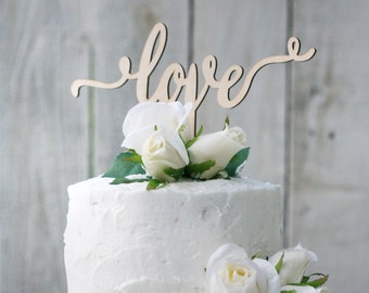 Wedding Cake Topper with Roses Decorations for Reception Anniversary Bridal Shower (Love Cursive)