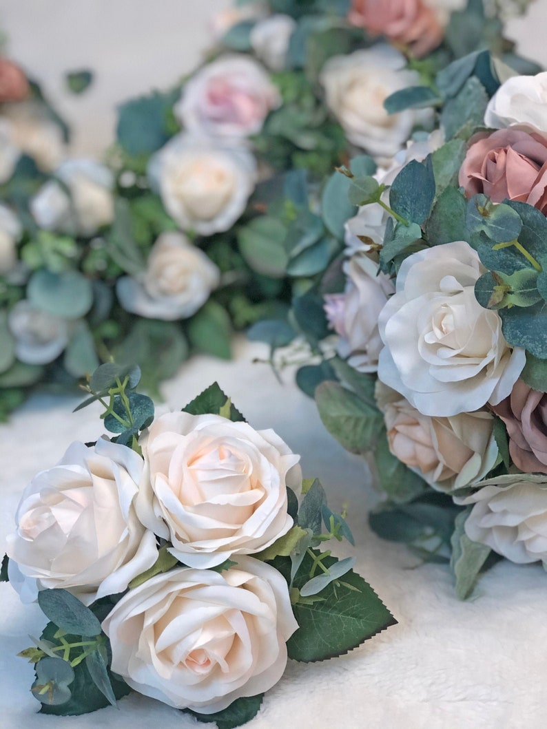 Artificial Flowers for Wedding Ivory Blush Rose Eucalyptus Bridesmaid Bouquet