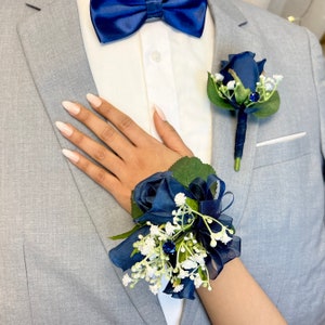 Navy Blue Rose Corsage & Boutonniere Set: Prom Flowers with Jewel