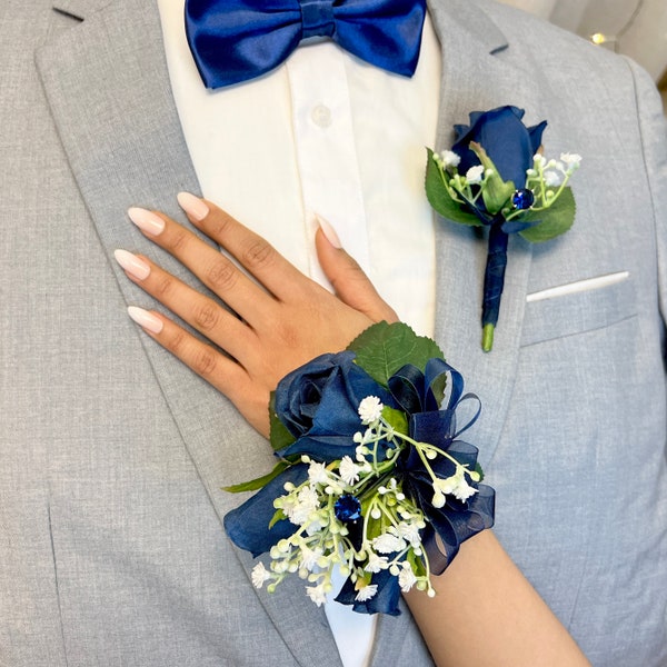 Navy Blue Prom Corsage and Boutonniere Set| Handheld Bouquets for Prom | Quinceanera Bouquet | Flower Girl Bouquet | Prom Flower Bouquet