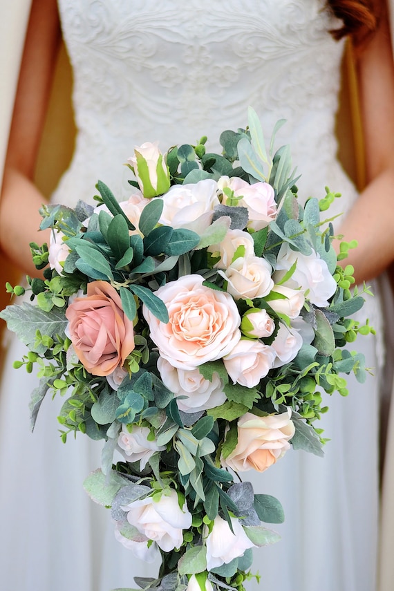 Cascade Bridal Bouquet With Champagne Blush Pink Roses + Eucalyptus |  Artificial Wedding Bouquet - Etsy Hong Kong