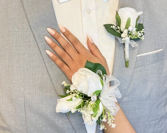 White Prom Corsage and Boutonniere Set| Handheld Bouquets for Prom | Quinceanera Bouquet | Flower Girl Bouquet | Prom Flower Bouquet