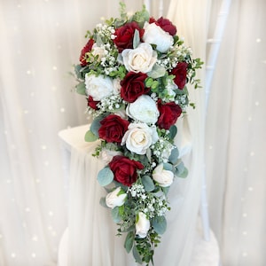 Red & Ivory Silk Rose Cascade Bouquet: Teardrop Wedding Flowers