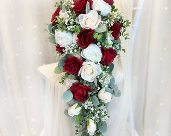 Ivory Red Cascade Bouquet | Silk Bridal Bouquet | Cascading Wedding Bouquet | Faux Bouquet | Beautiful Teardrop Bouquet