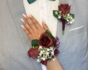 Burgundy Prom Corsage and Boutonniere Set| Handheld Bouquets for Prom | Quinceanera Bouquet | Flower Girl Bouquet | Prom Flower Bouquet