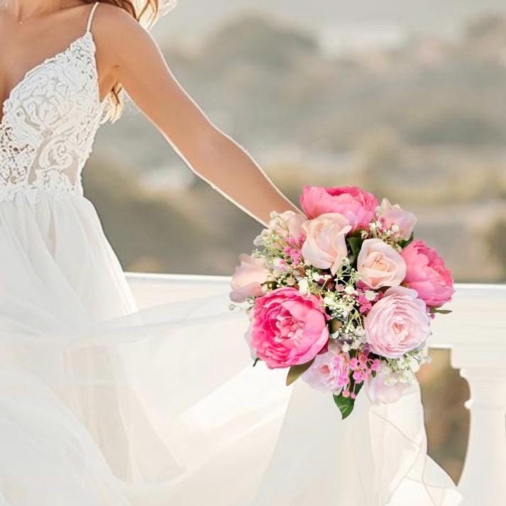 Hot Pink & Blush Pink Wedding Bouquet | Silk Bridal Flowers PANAMA