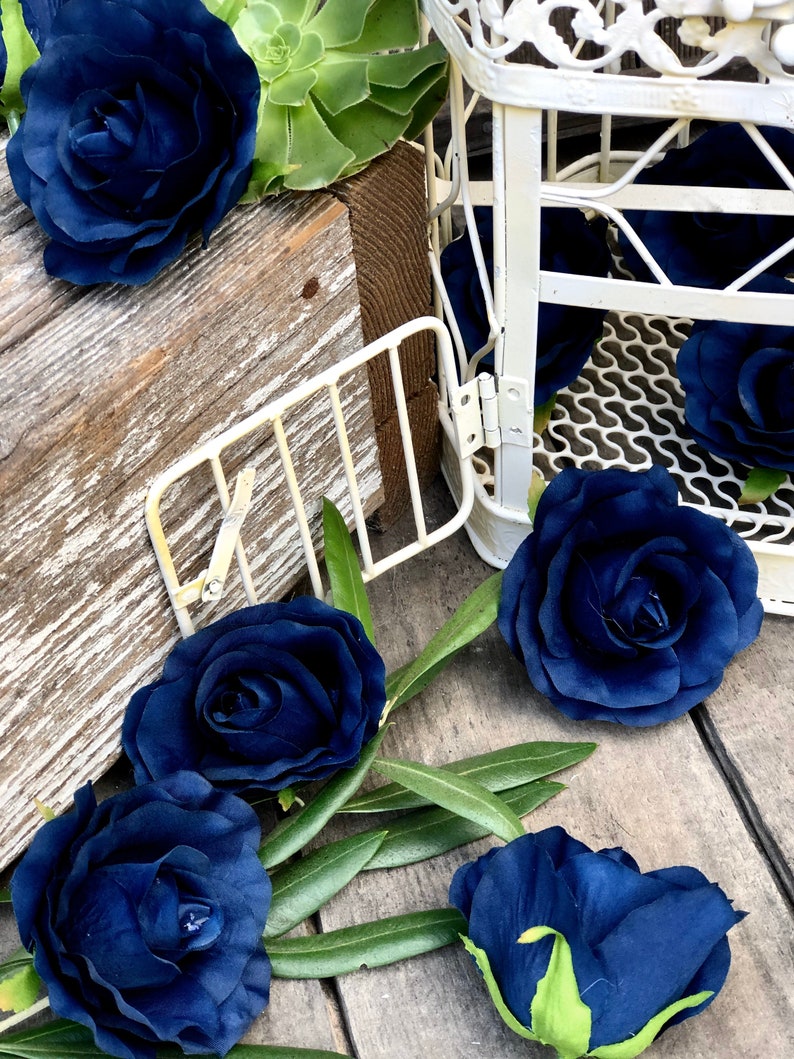 10 Navy Blue Rose Heads Silk Flower Wedding/Reception Table Etsy