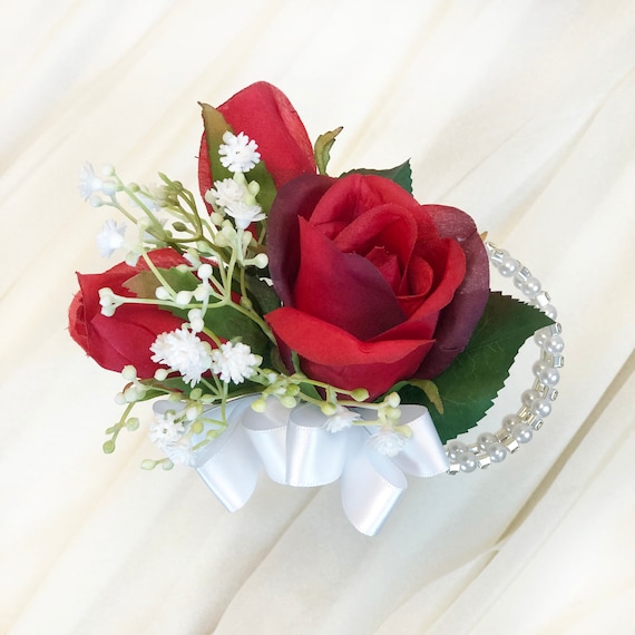 Red Rose Wedding Corsage with Babies Breath & Satin Bow