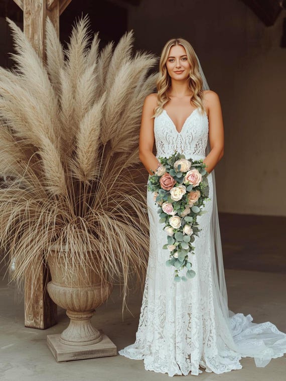 Cascade Bridal Bouquet With Champagne Blush Pink Roses + Eucalyptus |  Artificial Wedding Bouquet