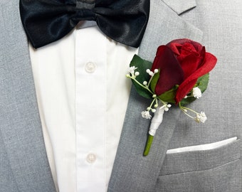 Red Rose + Babies Breath Boutonniere for Men | Wedding Boutonniere